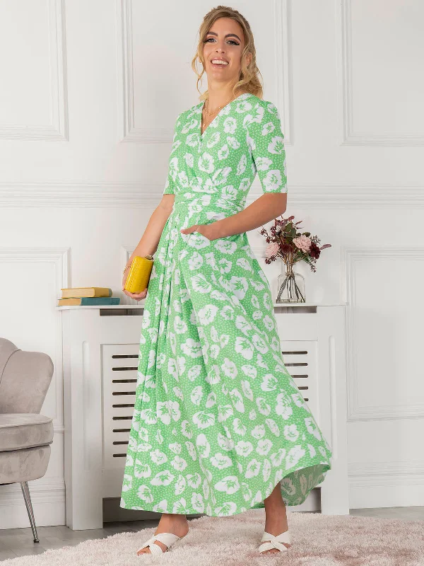 Jolie Moi Freya Floral Print Maxi Dress, Green Floral Comfortable Long-Sleeve Maxi Dress