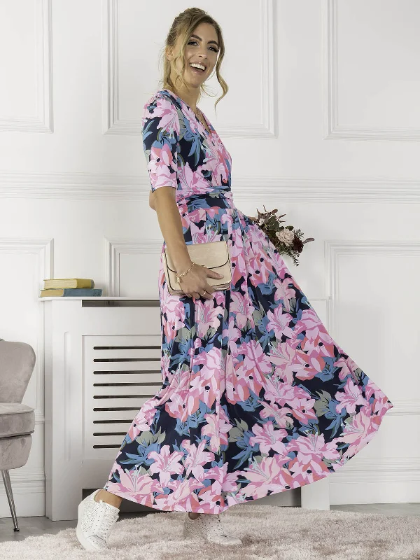 Jolie Moi Freya Floral Print Maxi Dress, Pink Floral Stylish One-Shoulder Maxi Dress