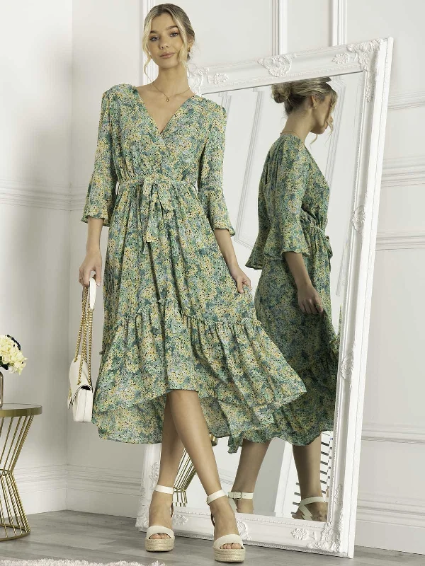 Jolie Moi Geelan Tiered Hem Maxi Dress, Green Floral Trendy Button Front Maxi Dress