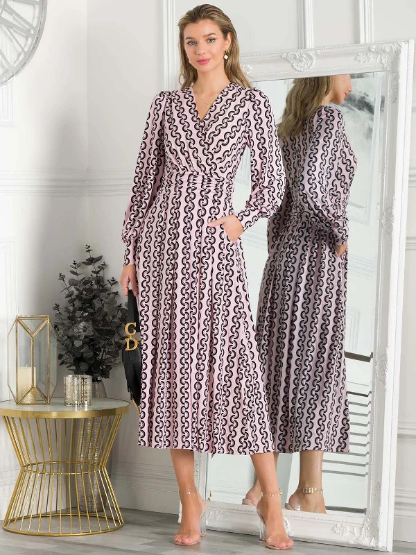 Jolie Moi Nancy Long Sleeve Maxi Dress, Pink Geo Fashionable Button-Down Maxi Dress