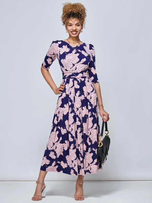 Karla 3/4 Sleeve Jersey Maxi Dress, Navy Floral Fashionable Layered Maxi Dress