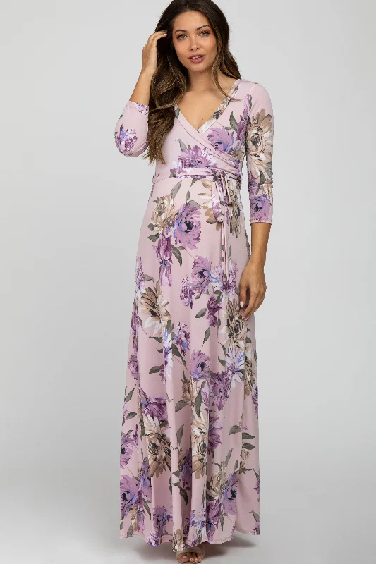 Lavender Floral Maternity Wrap Maxi Dress Comfortable Pleated Maxi Dress