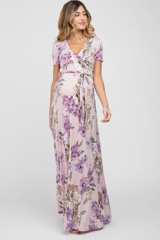 Lavender Floral Waist Tie Wrap Maternity Maxi Dress Chic Summer Maxi Dress