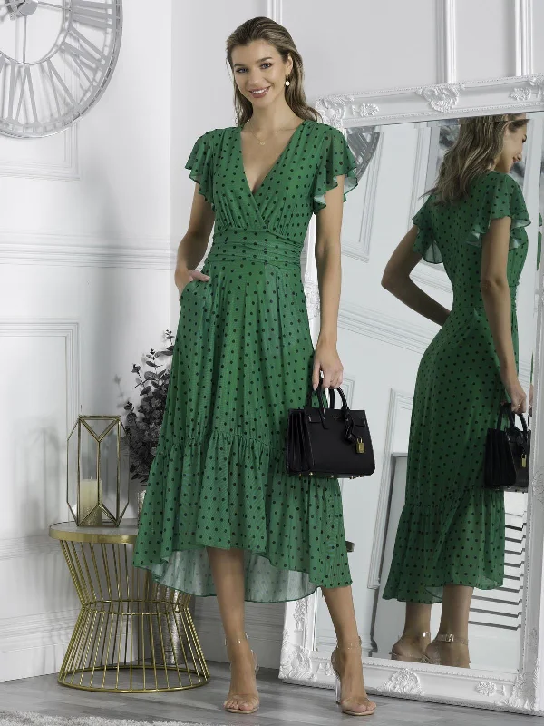 Leena Mesh Cap Sleeve Tiered Maxi Dress, Green Polka Stylish One-Shoulder Maxi Dress