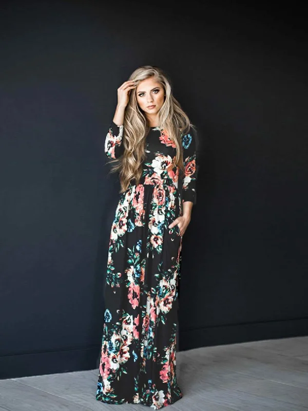 Long Sleeve Floral Print Belt Maxi Dress Chic Sleeveless Maxi Dress