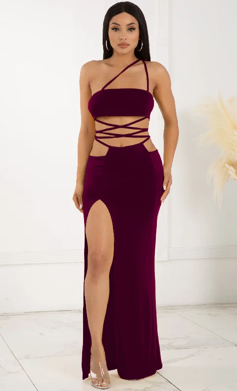 Love Myself Unconditionally Burgundy Purple Two Piece One Shoulder Casual Lace Up Wrap Cut Out Slit Front Maxi Dress Stylish Pleated A-Line Maxi Dress