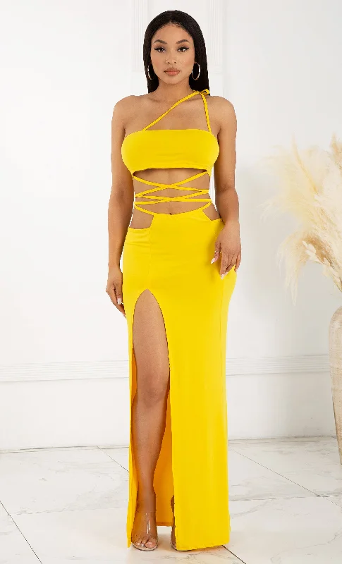 Love Myself Unconditionally Yellow Two Piece One Shoulder Casual Lace Up Wrap Cut Out Slit Front Maxi Dress Chic Summer Floral Maxi Dress