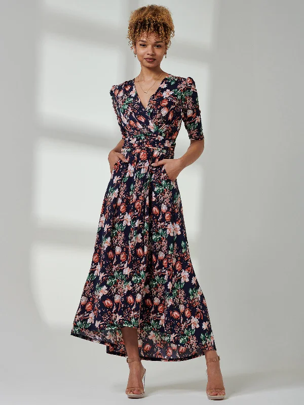 Maanasi Ruched Sleeve Jersey Maxi Dress, Navy Floral Stylish One-Shoulder Maxi Dress