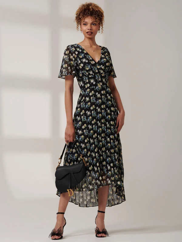 Meagan V-Neck Chiffon Maxi Dress, Black Floral Elegant Floral Maxi Dress