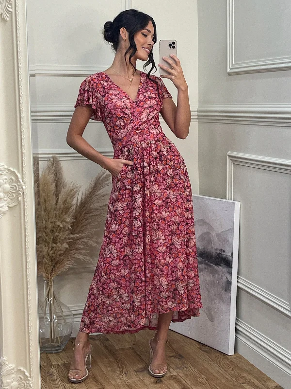 Mesh V-Neck Maxi Dress, Pink Multi Chic Button-Up Maxi Dress