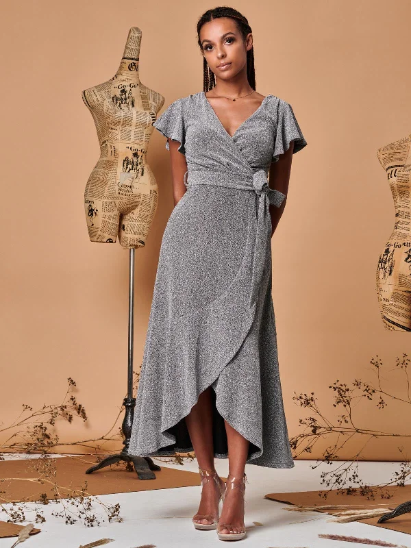 Metallic Effect Ruffle Hem Maxi Dress, Silver Trendy A-Line Maxi Dress