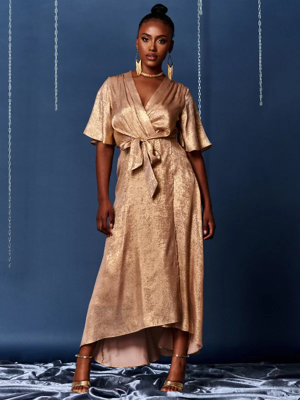 Metallic Effect Wrap Maxi Dress, Gold Cozy Spaghetti Strap Maxi Dress