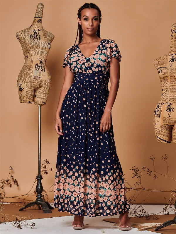 Mirrored Floral Print Mesh Maxi Dress, Navy Multi Cozy Ruffle Sleeve Maxi Dress