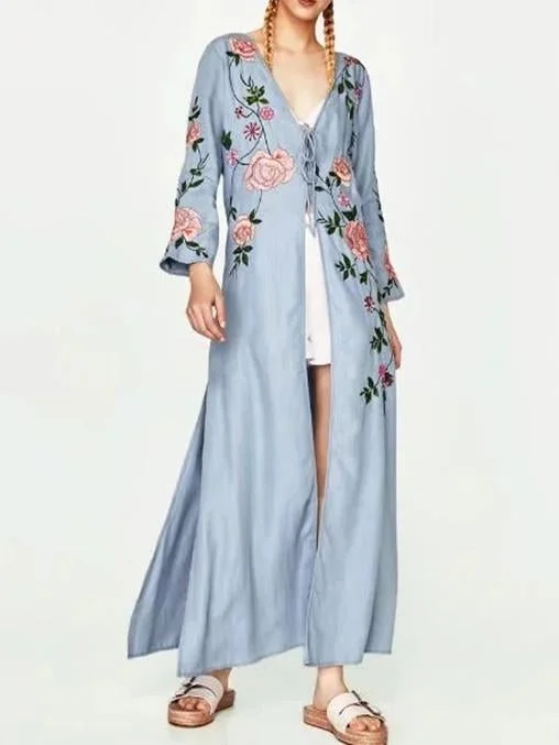 National Style Inwrought Floral-Print Long Short Sleeve V Neck Lace-Up Maxi Dress Comfortable Cotton Maxi Dress