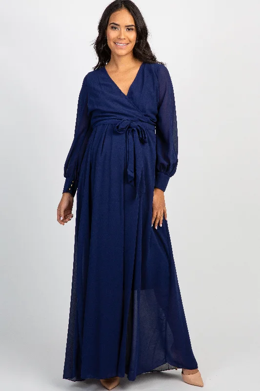 Navy Chiffon Long Sleeve Pleated Maternity Maxi Dress Elegant Tiered Maxi Dress