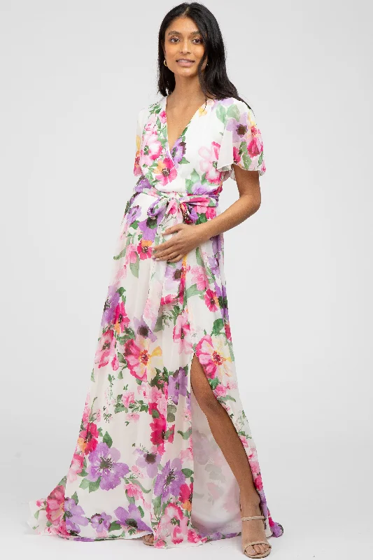 Pink Floral Chiffon Short Sleeve Side Slit Maternity Maxi Dress Comfortable Plunging Neckline Maxi Dress