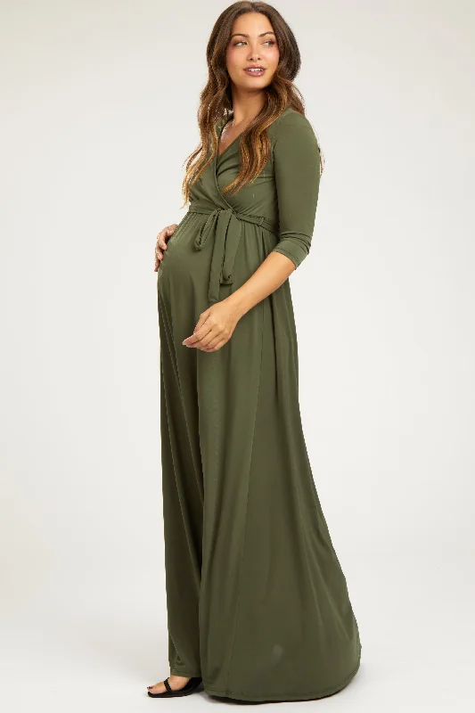 PinkBlush Olive Green Draped 3/4 Sleeve Maternity Maxi Dress Cozy Longline Maxi Dress