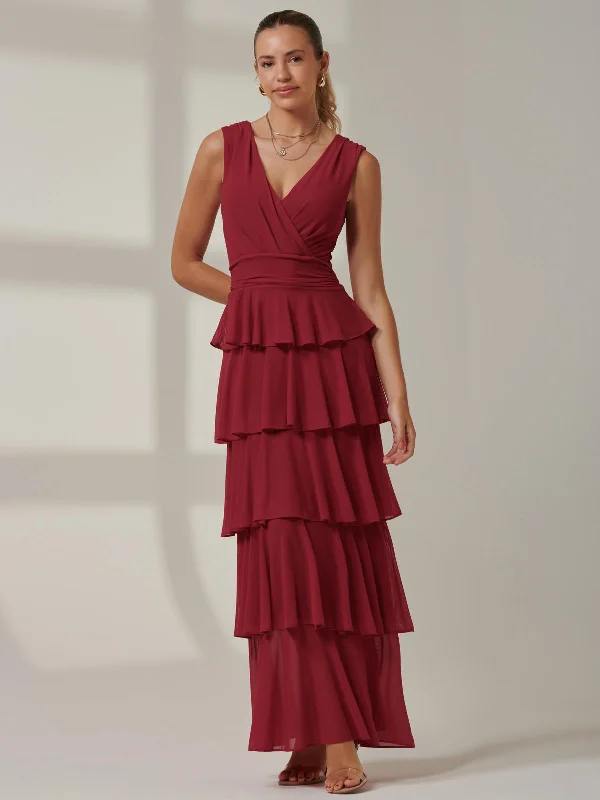 Plain Tiered Mesh Maxi Dress, Burgundy Stylish Longline Maxi Dress