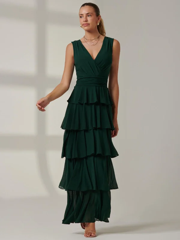 Plain Tiered Mesh Maxi Dress, Dark Green Stylish A-Line Maxi Dress