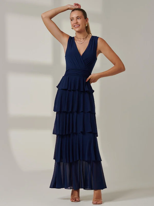 Plain Tiered Mesh Maxi Dress, Navy Elegant Maxi Dress with Lace