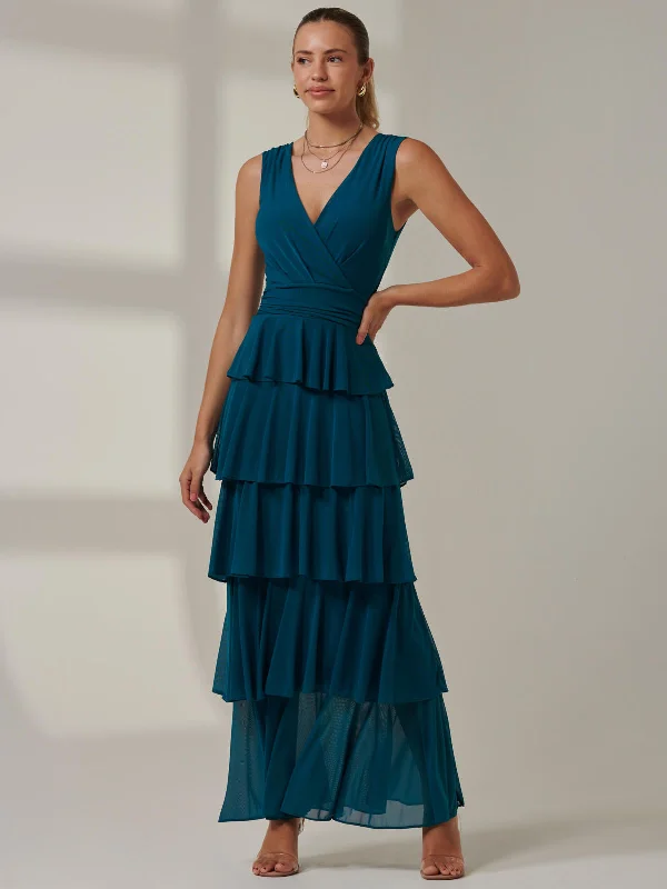 Plain Tiered Mesh Maxi Dress, Petrol Blue Elegant Maxi Dress with Ruffles