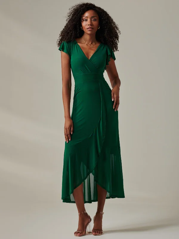 Plain Wrap Mesh Maxi Dress, Teal Comfortable Fitted Maxi Dress