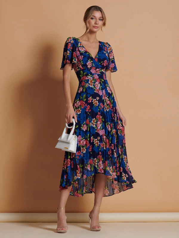 Pleated Chiffon High Low Maxi Dress, Navy Floral Stylish A-Line Maxi Dress