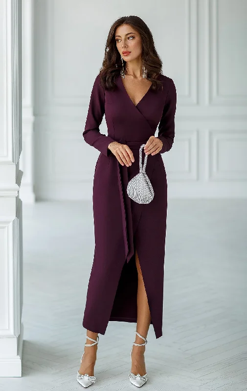 Plum Wrap Long Sleeve Collarless Maxi Dress Elegant Maxi Dress with Lace