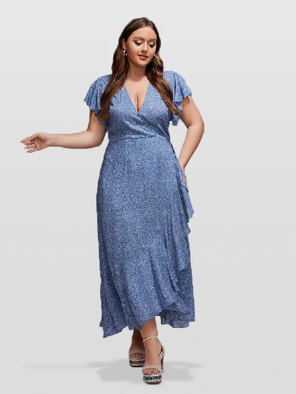 Plus Floral V-Neck Ruffle Sleeves Wrap Maxi Dress Elegant Lace-Up Maxi Dress