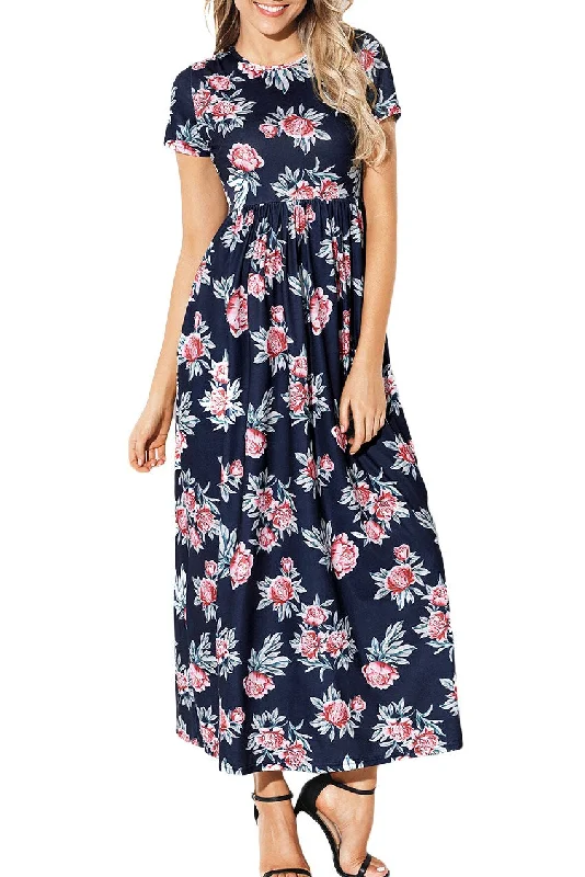 Pocket Design Short Sleeve Black Floral Maxi Dress Comfortable Maxi Dress with Belt