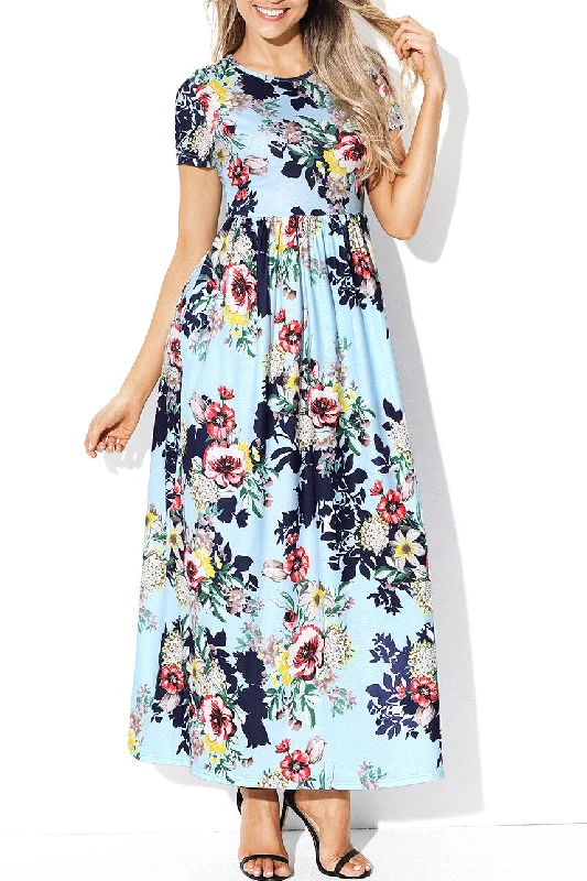 Pocket Design Short Sleeve Light Blue Floral Maxi Dress Fashionable High-Low Maxi Dress