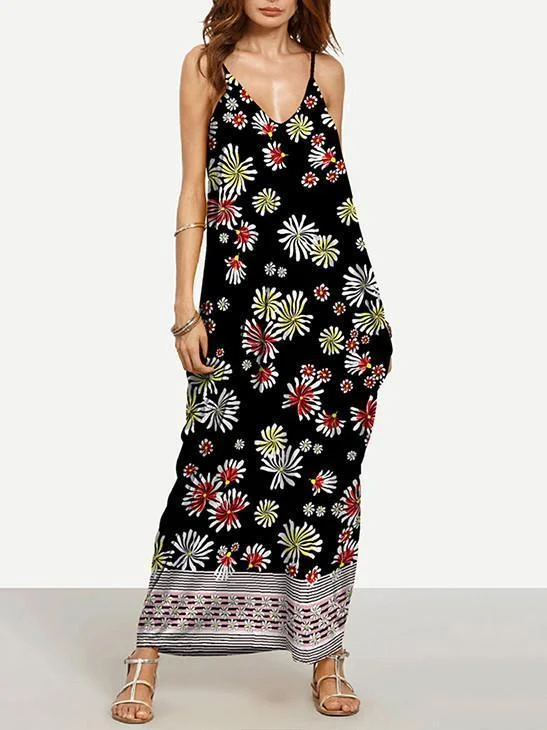 Pretty Black Floral Bohemia Spaghetti Straps V Neck Maxi Dress Elegant Pleated Maxi Dress