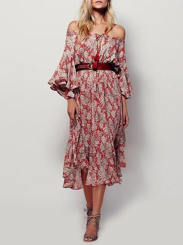 Pretty Bohemia Floral Off-shoulder Falbala Maxi Dress Elegant Velvet Maxi Dress