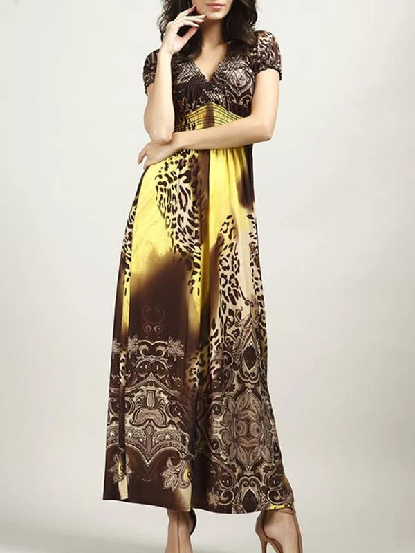 Pretty Bohemia Floral Short Sleeve V Neck Maxi Dress Comfortable Satin Maxi Dress