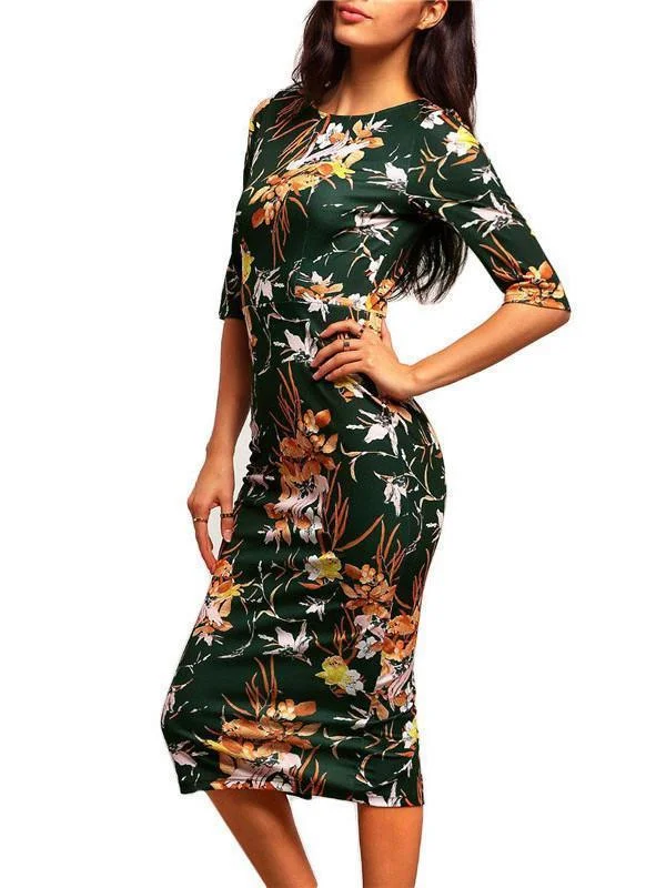 Pretty Floral Half Sleeve Round Neck Bodycon Maxi Dress Stylish Boho Maxi Dress