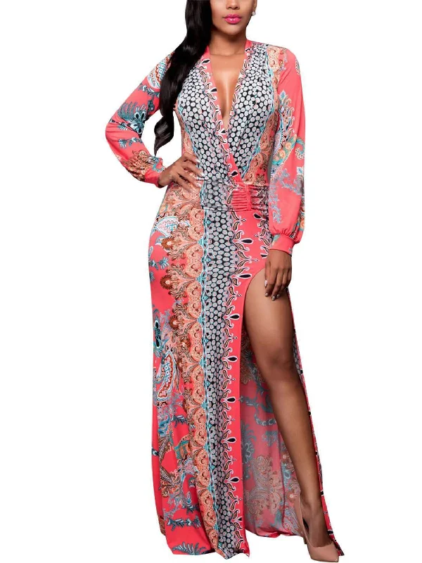 Pretty Floral V-neck Split-joint Floor Maxi Dress Cozy Maxi Dress with Slit