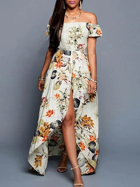 Pretty Sexy Floral-Print Short Sleeve Off-Shoulder Beach Maxi Dress Trendy Printed Maxi Dress