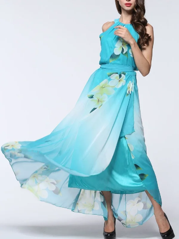 Pretty Sky Blue Floral Plus Size Sleeveless Halter Maxi Dress Cozy Wrap Maxi Dress