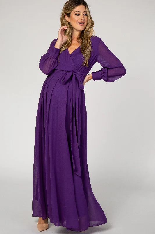 Purple Chiffon Long Sleeve Pleated Maternity Maxi Dress Stylish Boho Maxi Dress