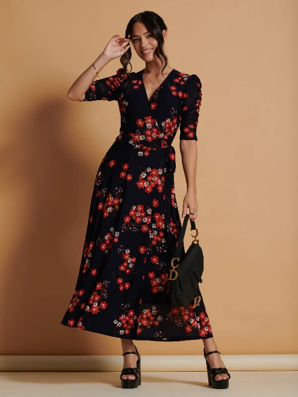 Qaliyah Wrap Front Mesh Maxi Dress, Navy Orange Floral Elegant Maxi Dress with Ruffles