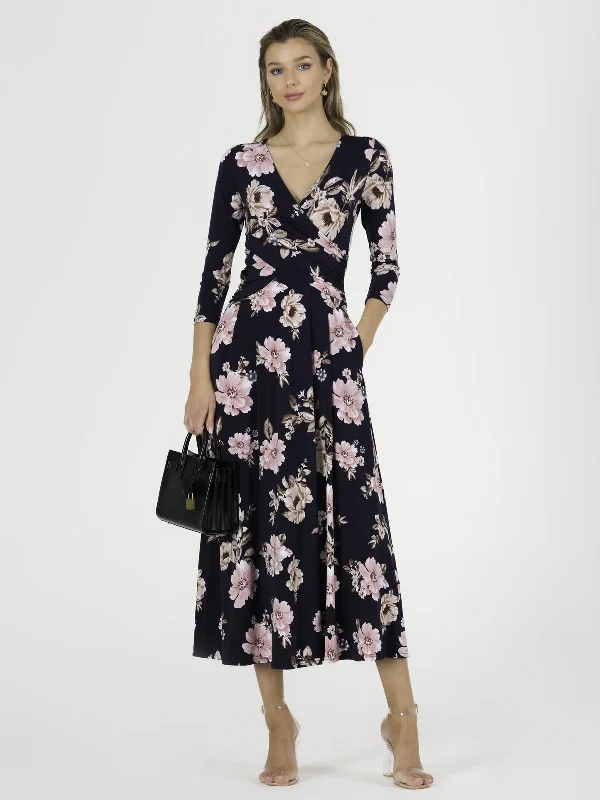 Quintella Jersey Side Split Maxi Dress, Navy Floral Comfortable Bohemian Maxi Dress