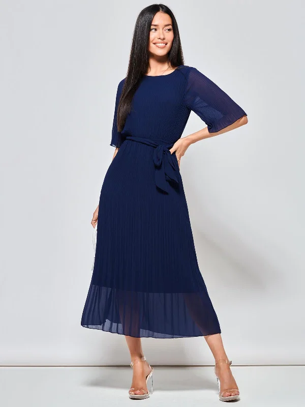 Qynn Chiffon Pleated Maxi Dress, Navy Classic A-Line Maxi Dress