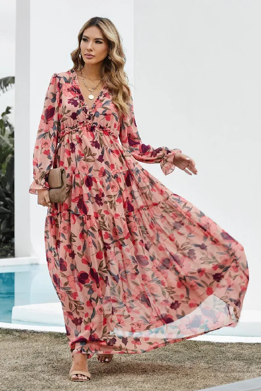 Red Floral Long Sleeve Maxi Dress Cozy Open-Back Maxi Dress