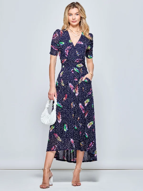 Ressie Dip Hem Maxi Dress, Navy Feather Trendy Ruffled Maxi Dress