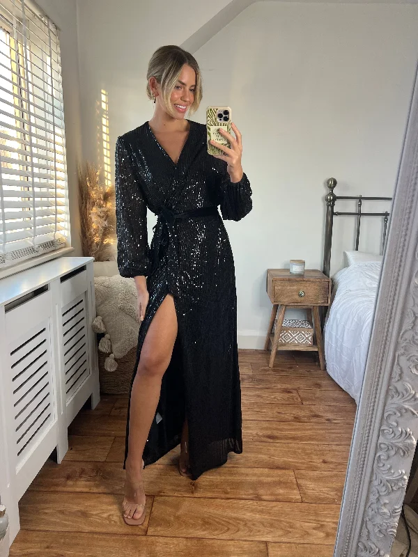 Ria Sequin Wrap Maxi Dress / Black Cozy Ruffle Sleeve Maxi Dress