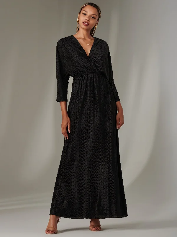 Ruffle Hem Textured Jersey Maxi Dress, Black Cozy Cold-Shoulder Maxi Dress