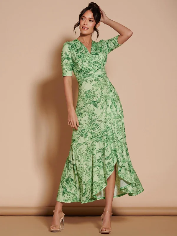 Ruffle Hem Jersey Maxi Dress, Green Leafy Comfortable Pleated Maxi Dress