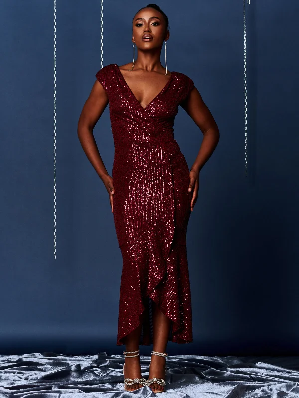 Sequin Wrap Fishtail Maxi Dress, Burgundy Elegant Boho Maxi Dress