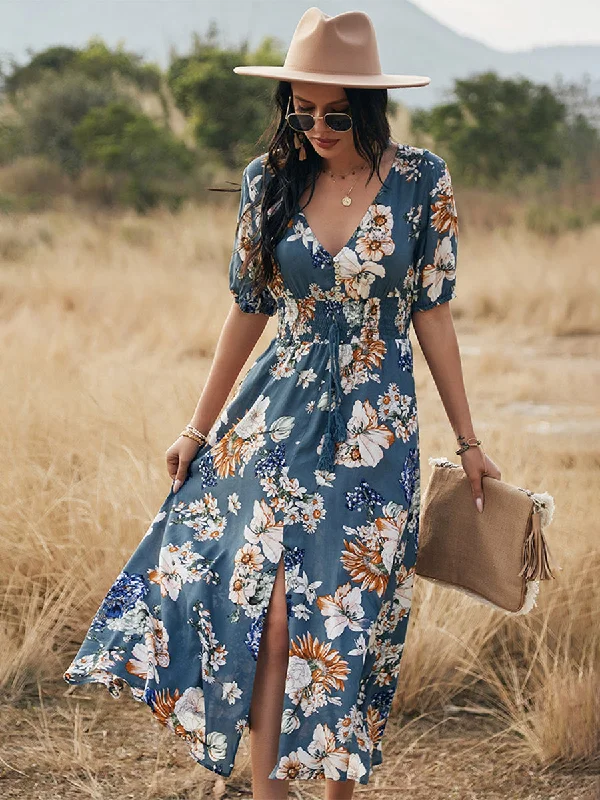 Short Sleeve V Neck Floral Side Split Maxi Dress Fashionable Open-Back Maxi Dress