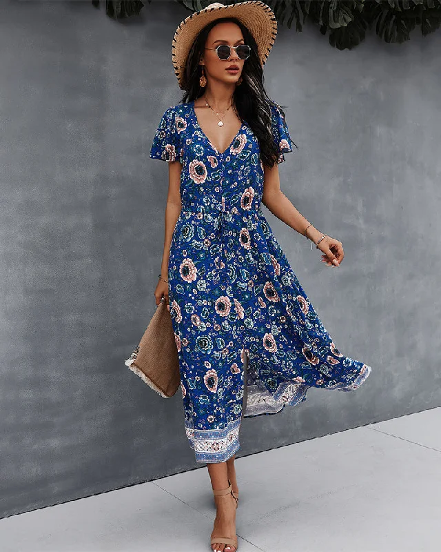 Side Split V Neck Floral Short Sleeve Maxi Dress Stylish Off-Shoulder Maxi Dress